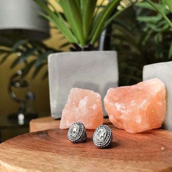 Sterling Silver Bordered Crystal Stud Earrings - Picture 2 of 6